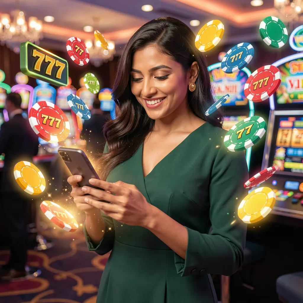 Confident Bangladeshi woman browsing casino games on the EX66 app with glowing poker chips and 777 slot icons floating around her