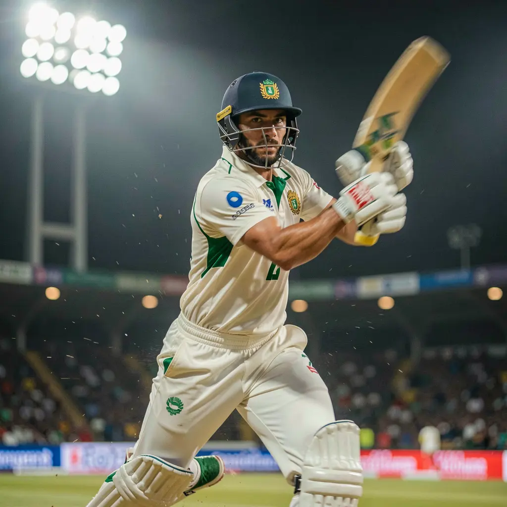Dynamic cricket action with a batsman mid-swing and blurred stadium background showcasing live match intensity on EX66 in Bangladesh