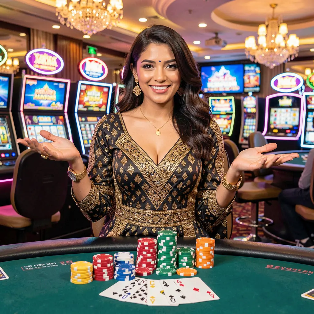 Elegant live casino dealer at a glowing gaming table with stacks of chips and a welcoming atmosphere showcasing the premium EX66 live casino experience for players in Bangladesh