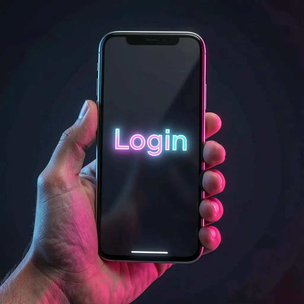 Close-up of a hand holding a smartphone with a bright login screen representing fast and secure access to the EX66 casino account in Bangladesh