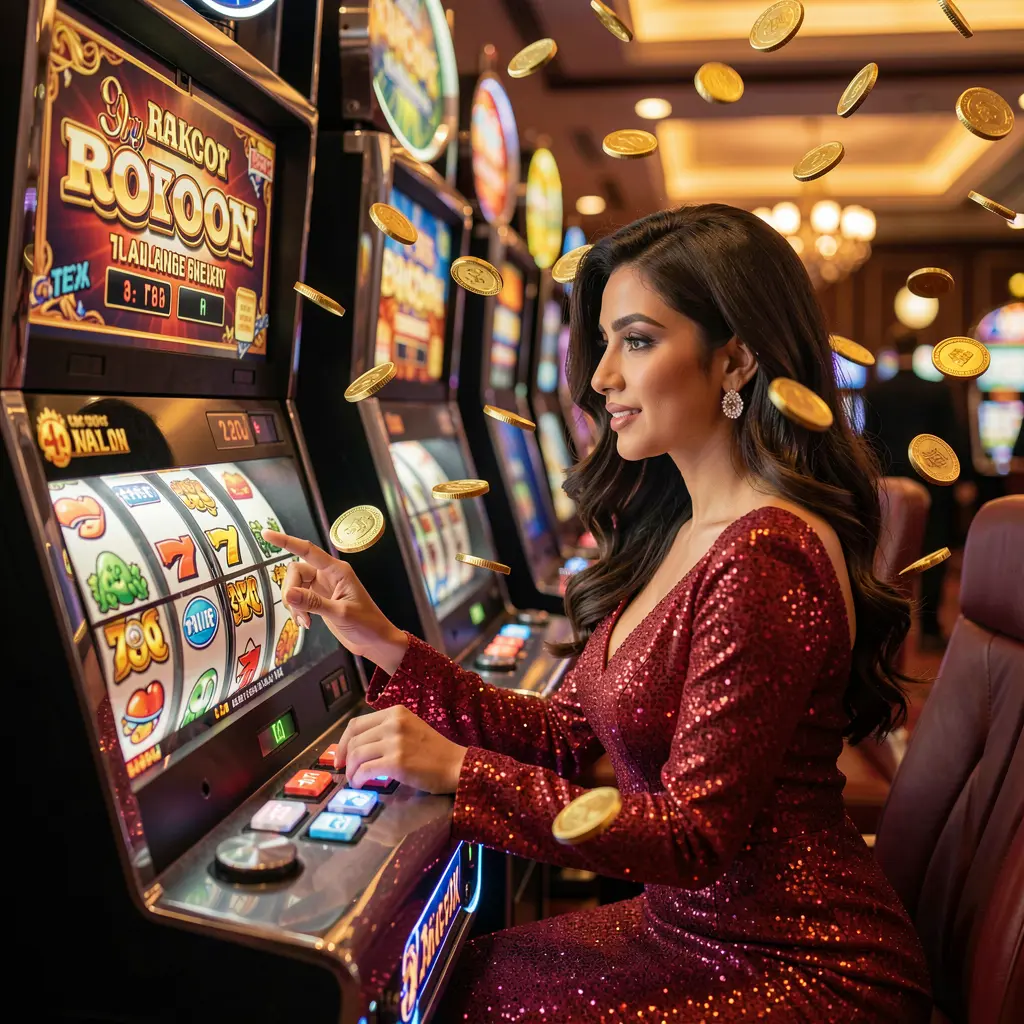 Stylish woman in a sparkling red dress playing a glowing slot machine with spinning reels and falling coins at EX66 casino in Bangladesh